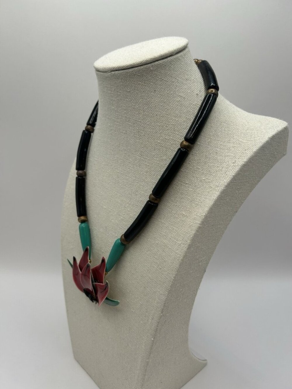 Lotus Flower Necklace Enamel Metal Pendant Tube Beaded Vintage Floral Retro 17” - Picture 6 of 16